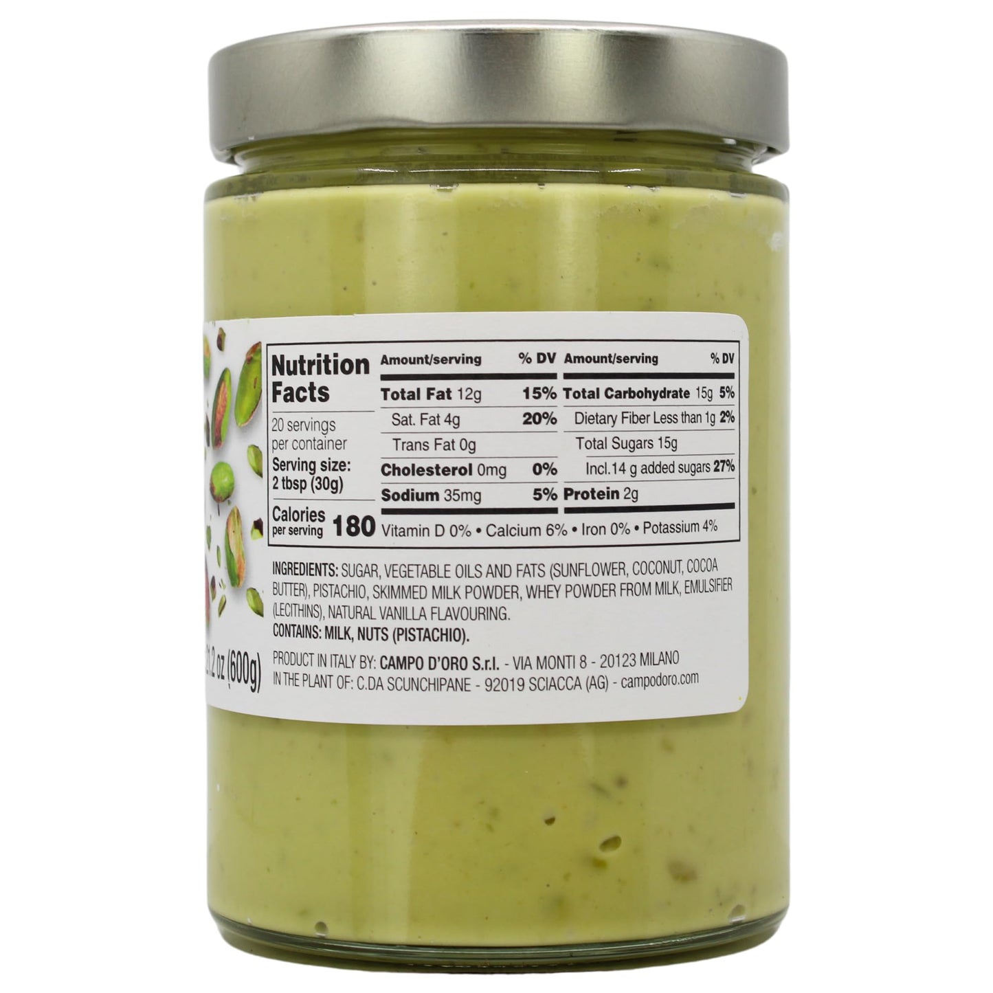 CAMPO DORO Pistachio Butter Sweet Cream, 21.2oz (600g), Rich & Nutty Spread for Chocolate Bars