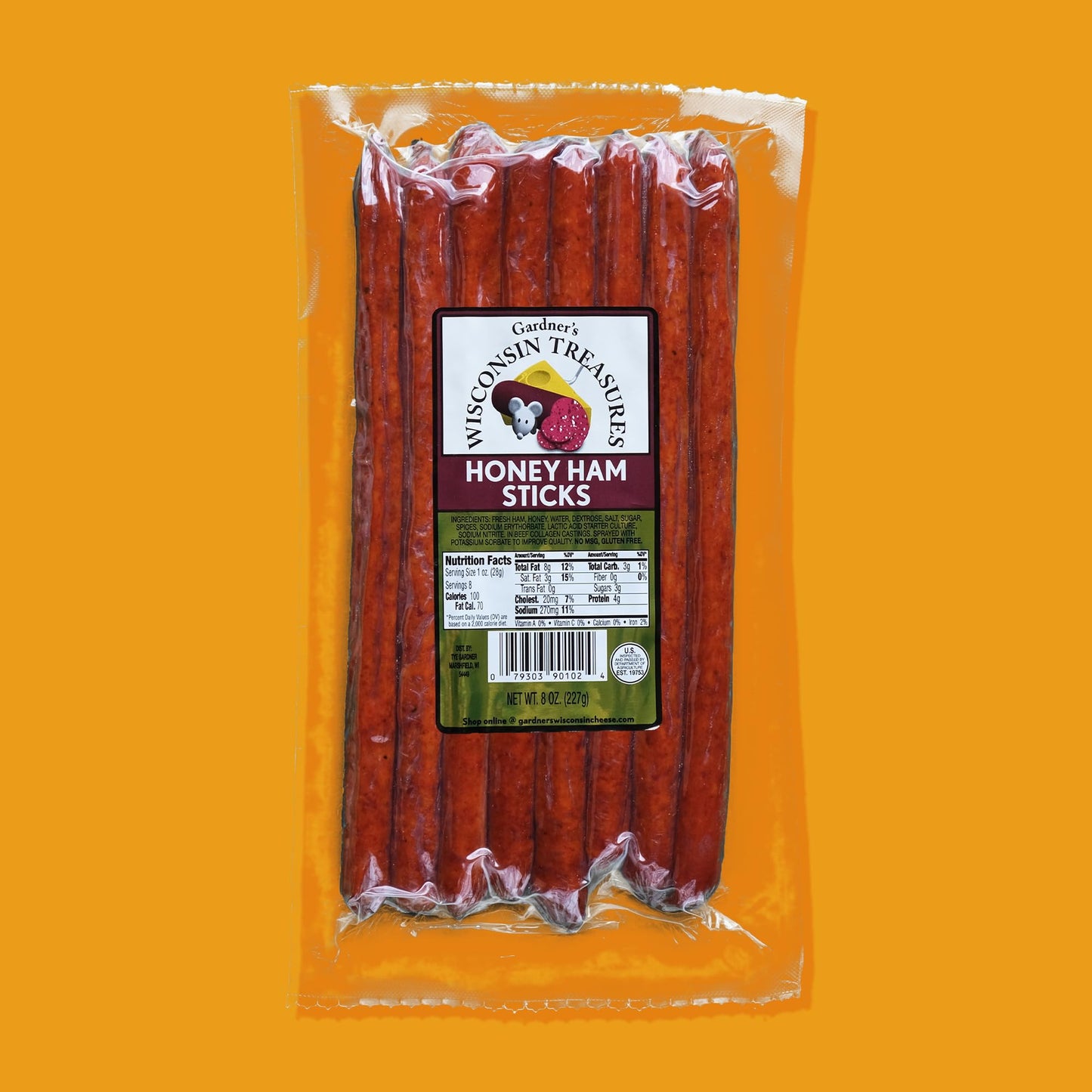 Gardners Wisconsin Cheese, Meat Sticks (1 Ounce Sticks, Pack of 8) - Honey Ham Flavor, Low Carb Snack, Does Not Require Refrige