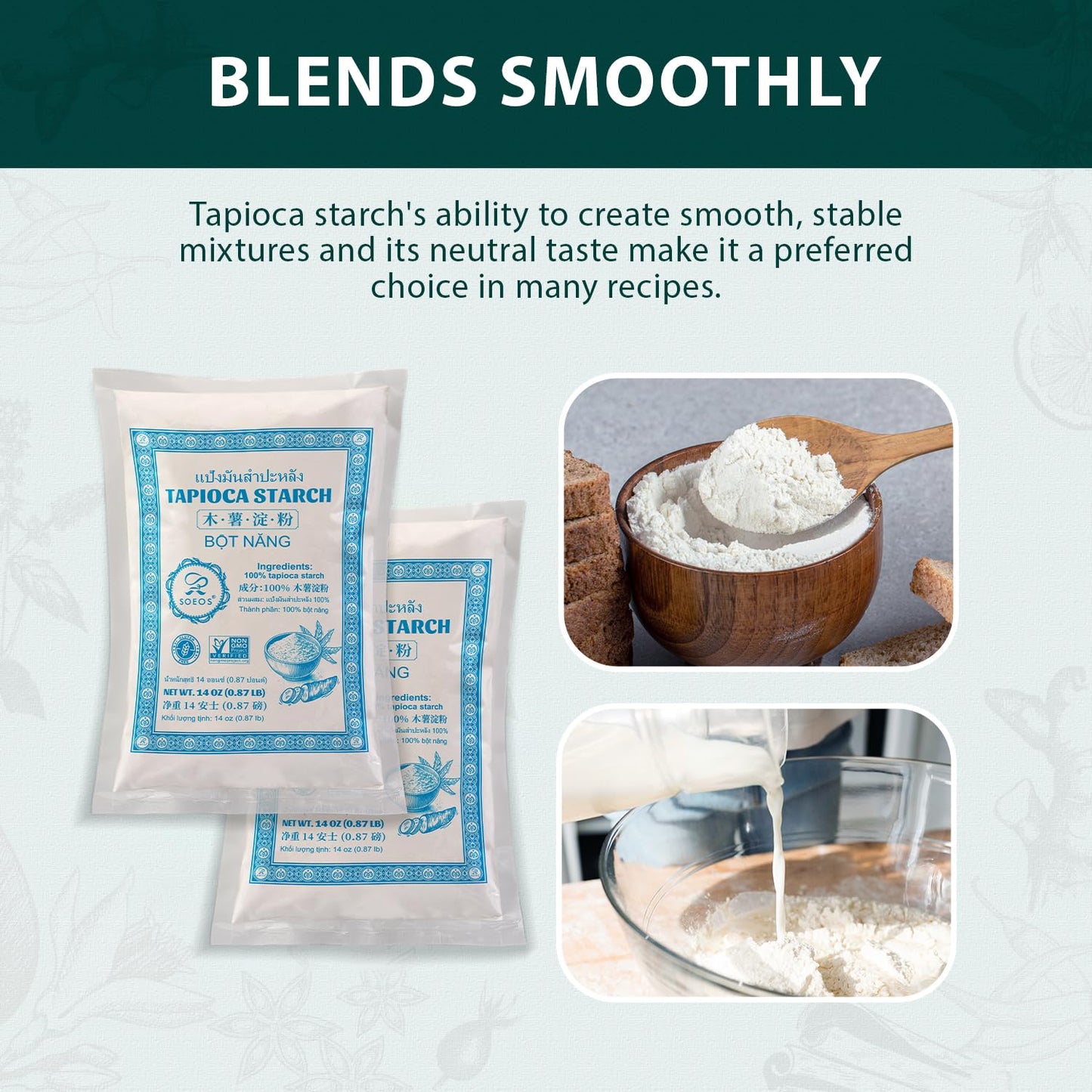Soeos Tapioca Flour Starch, 14 Ounce (Pack Of 2), All Natural Tapioca Starch For Baking, Cooking & Boba Pearls, Thickens And Enh