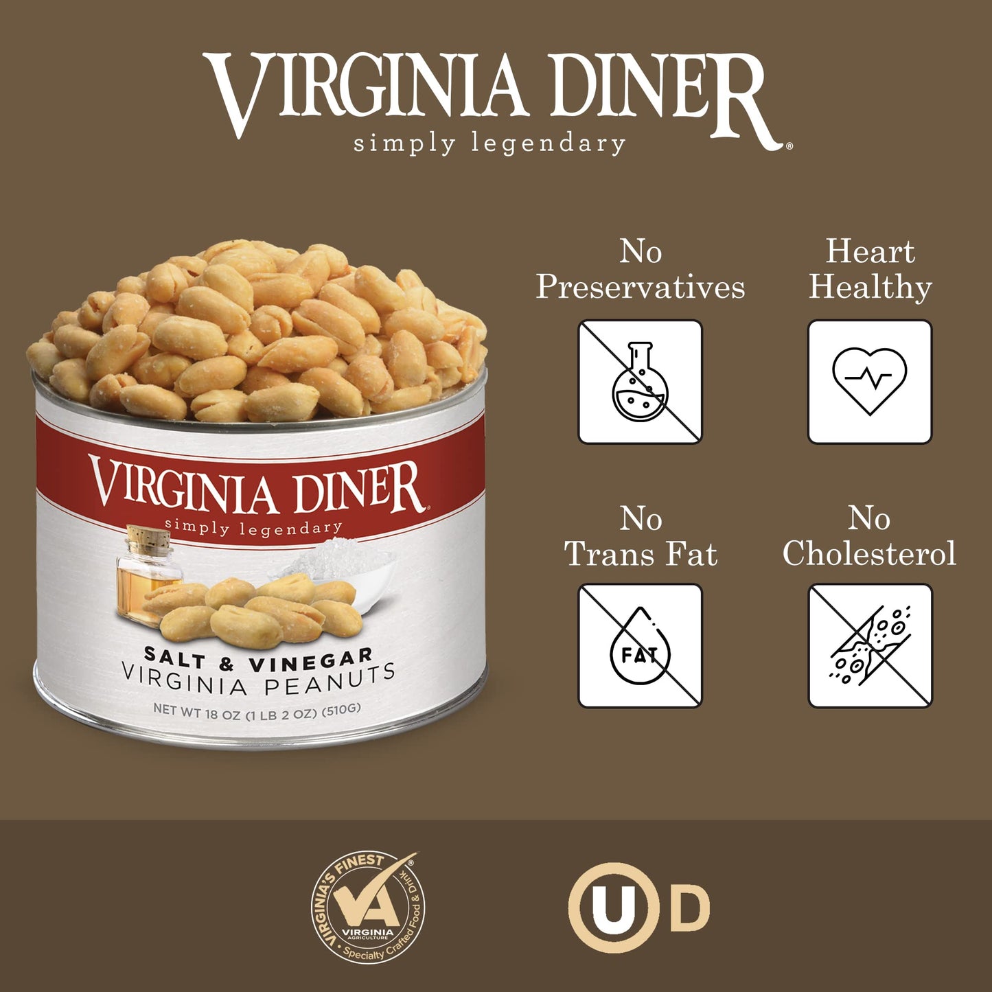 Virginia Diner - Salt And Vinegar Seasoned Extra Large Virgnia Peanuts 18Oz In Resealable Can For Snacking Or Gifting