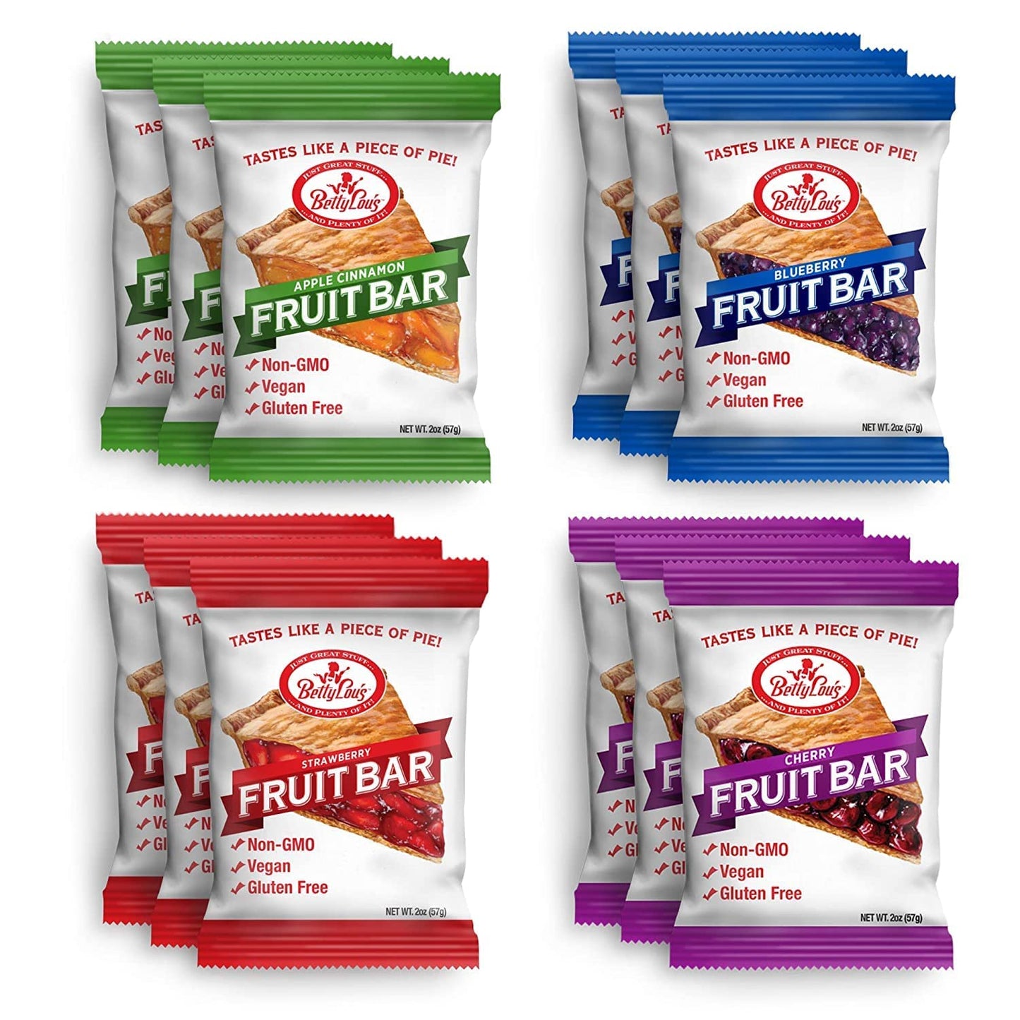 Betty Lou s Fruit Bars Variety Pack, Gluten Free Snacks for Adults and Kids, 4 Flavors of Vegan Breakfast & Cereal Bars, Apple 