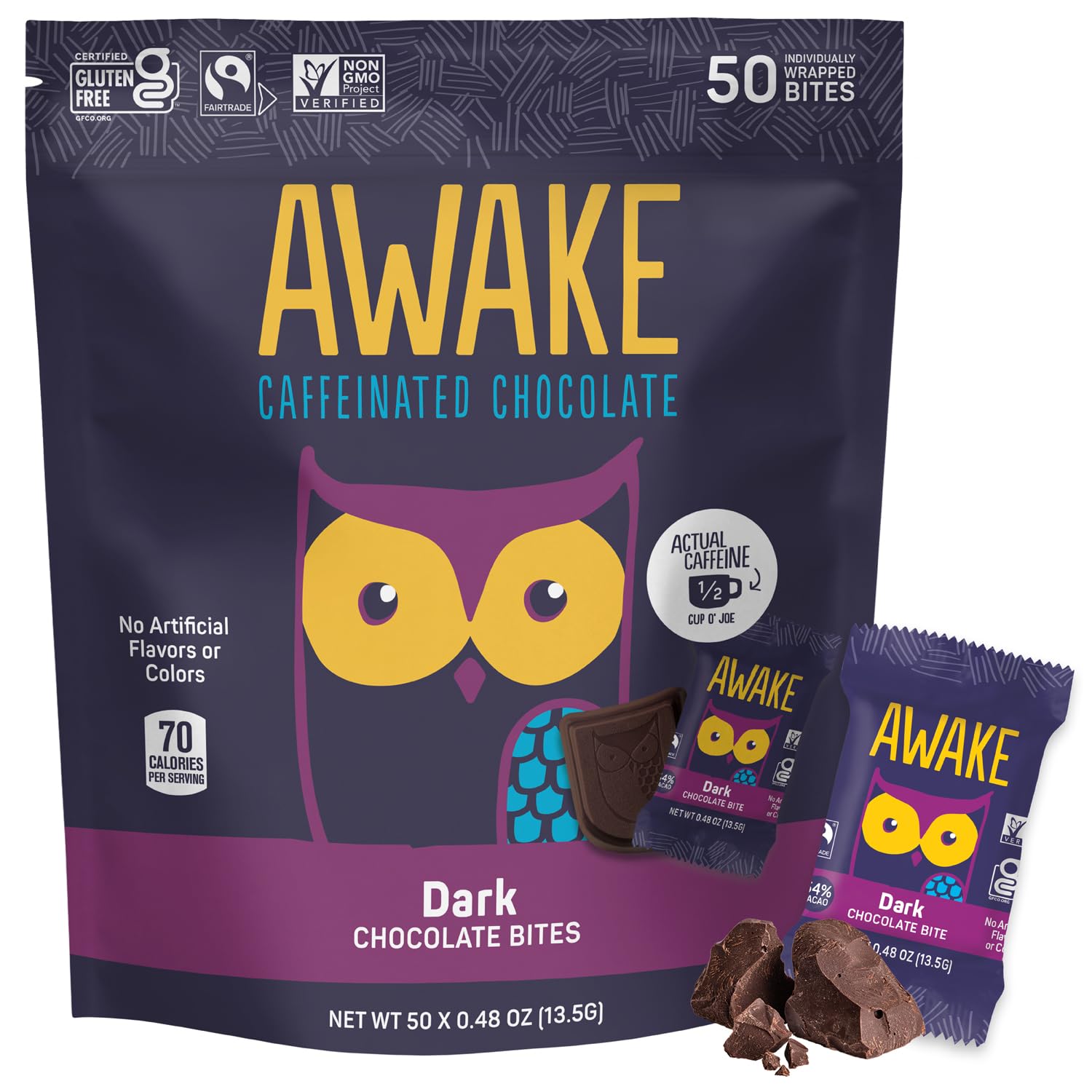 AWAKE Caffeinated Chocolate Bites - Dark Chocolate, 50mg Caffeine, 50 Count, Gluten Free, Non-GMO, Individually Wrapped, Purple