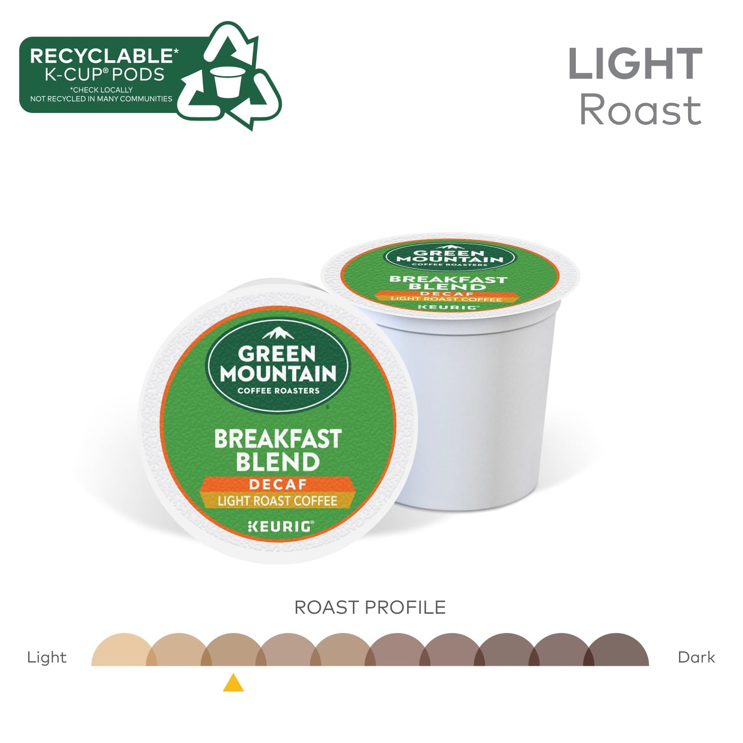 Green Mountain Coffee Roasters Breakfast Blend Decaf, Keurig Single Serve K-Cup Pods, Light Roast Coffee, 60 Count, (6 Packs Of