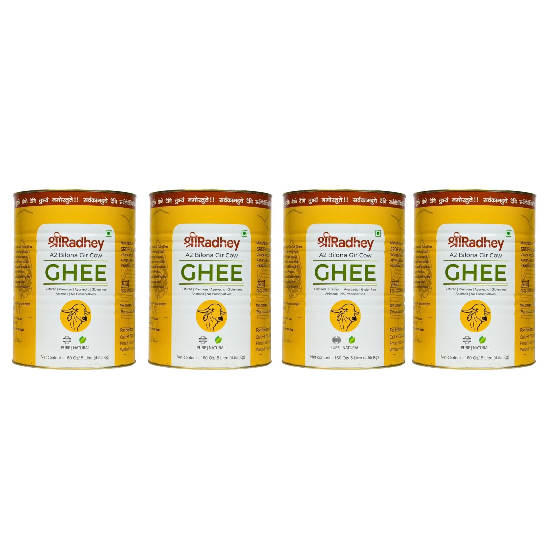 Shree Radhey Certified A2 Gir Cow Ghee - Gluten Free - (Traditionaly Hand Churned) (5L X 4 TIN)