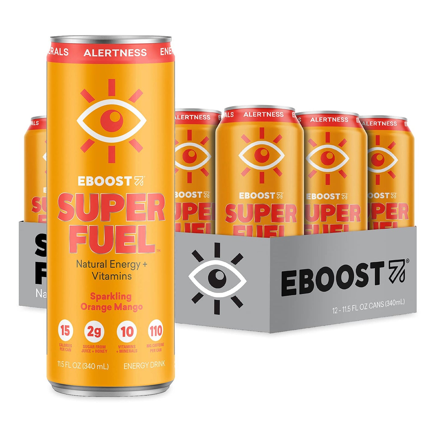 Eboost Super Fuel Healthy Energy Drink - Caffeine From Natural & Clean Ingredients For Focus And Productivity -Taurine Free Pre-Workout With Electrolytes, Nootropic & Vitamins - Orange Mango, 12 Pack