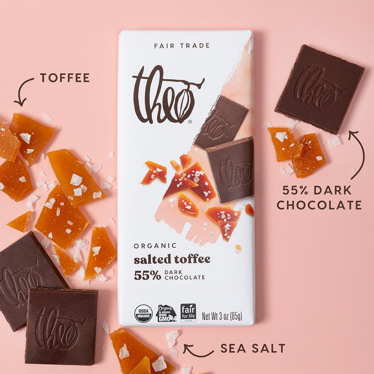 Theo Chocolate Salted Toffee Organic Dark Chocolate Bar, 55% Cacao, 12 Pack | Fair Trade