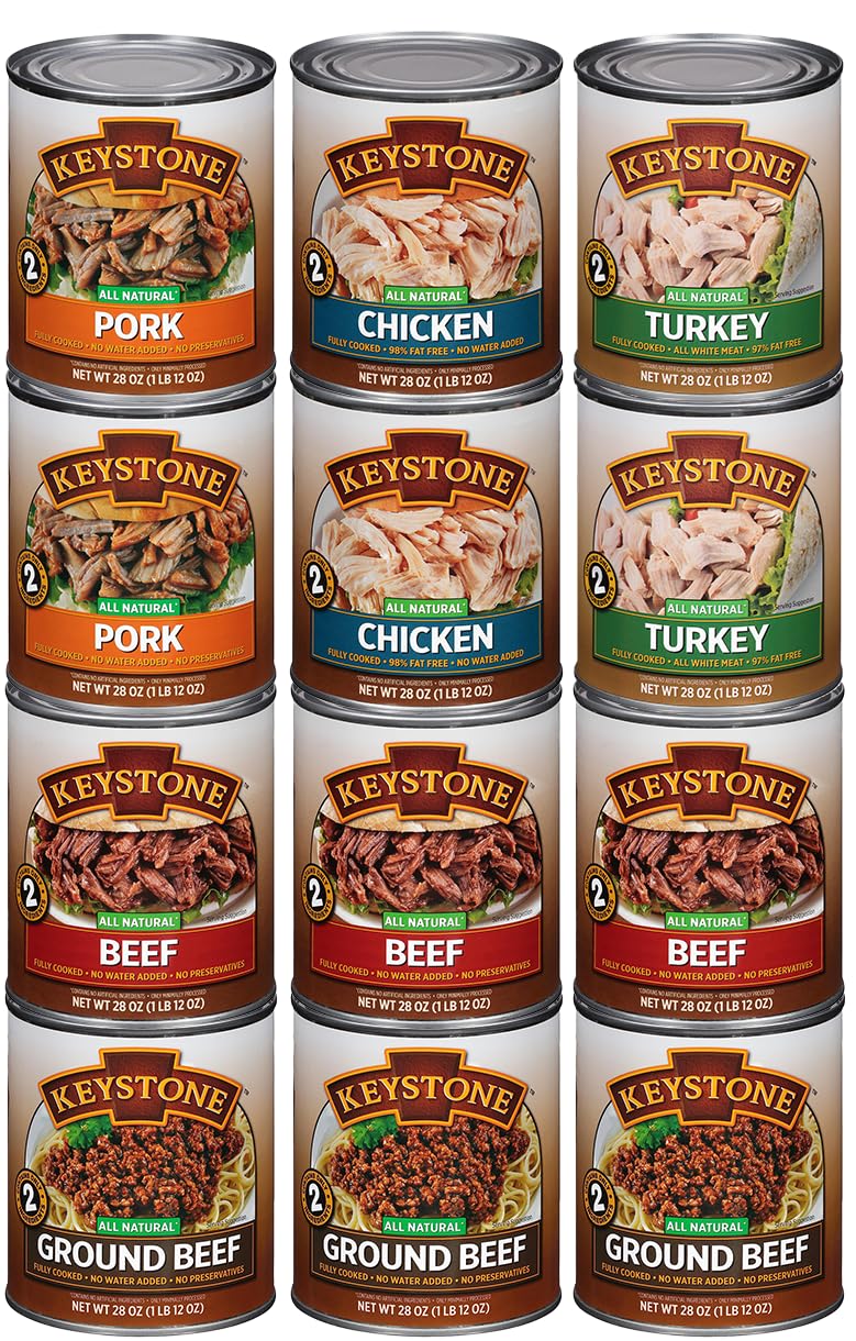 Keystone Variety Pack Canned Meat 28oz Case All Natural 3 Canned Beef | 2 Chicken | 2 Turkey | 2 Pork | 3 Ground Beef Fully Cook