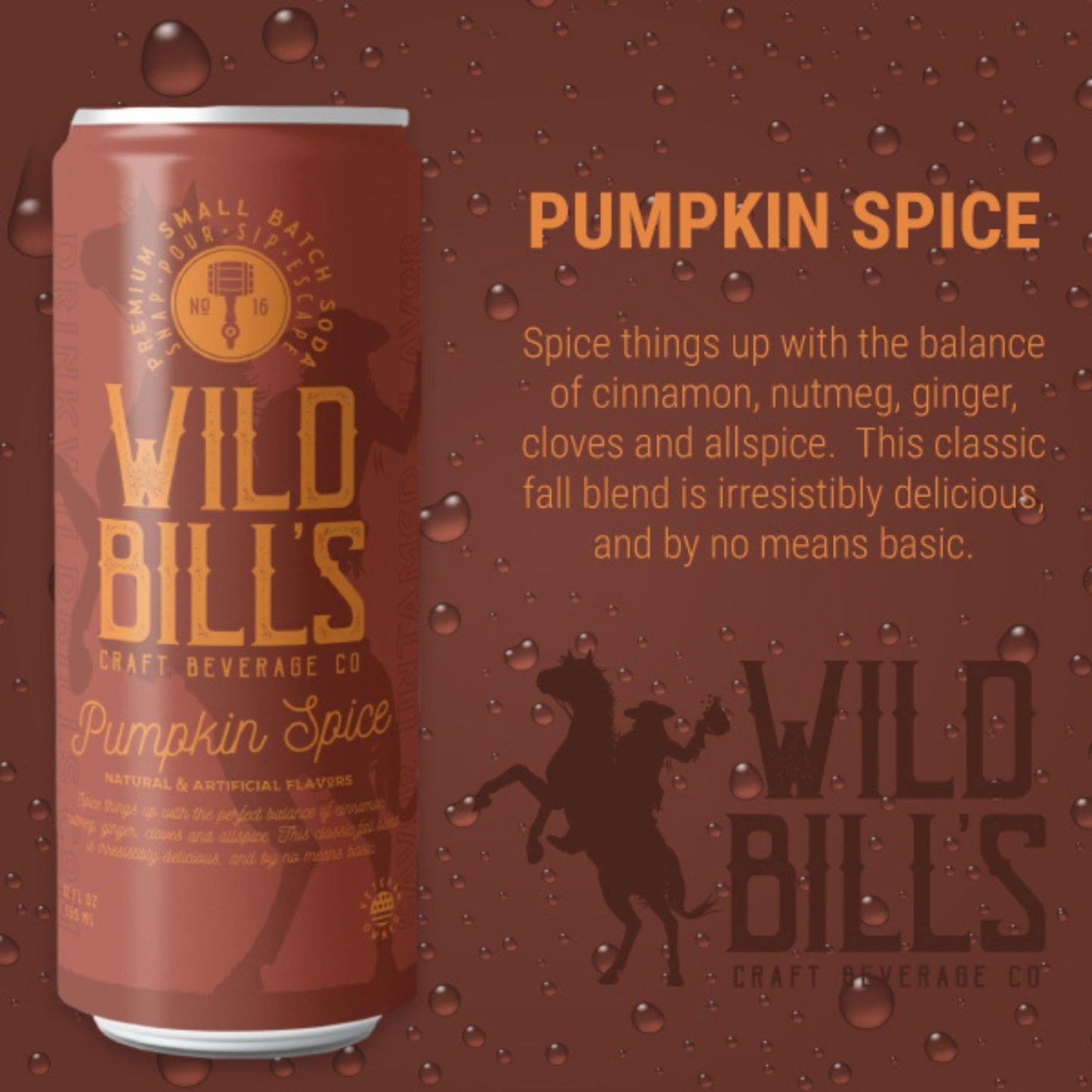 Wild Bills Pumpkin Spice Soda, Caffeine Free, Vegan, Gluten Free, 12 Fl Oz, Pack of 12