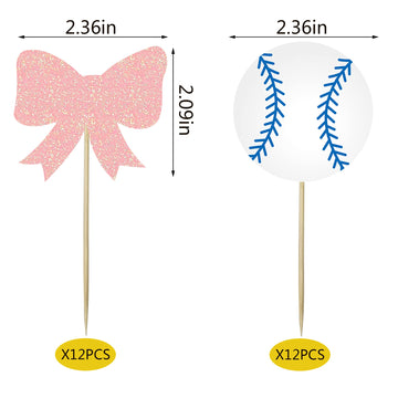 24 Pcs Baseballs Or Bows Cupcake Toppers Gender Reveal Party Decorations For Picks Baby Shower Birthday Party Cake Decoration Su