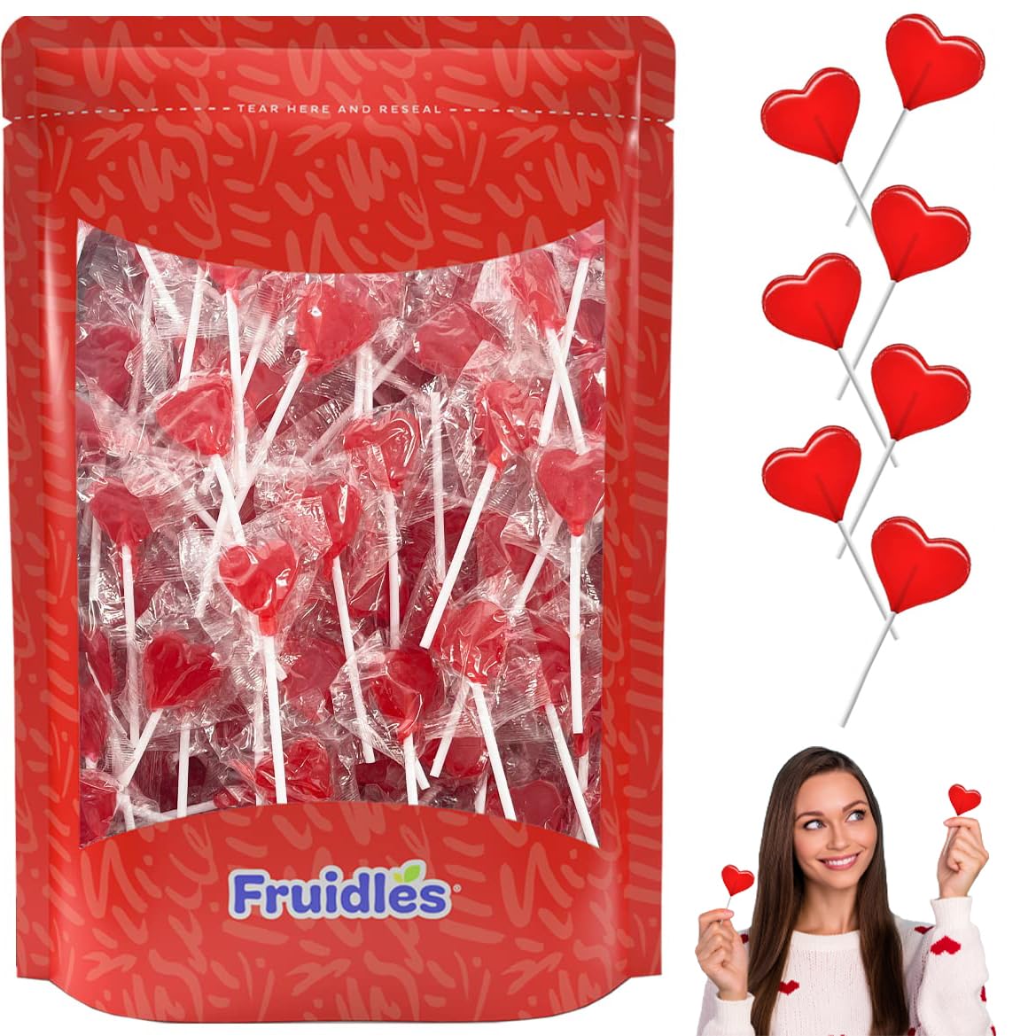 Fruidles Valentines Day Lollipops Mini Red Heart Shaped Strawberry Flavored Lollipop, Individually Wrapped, 5G Lollipops (160 Lo