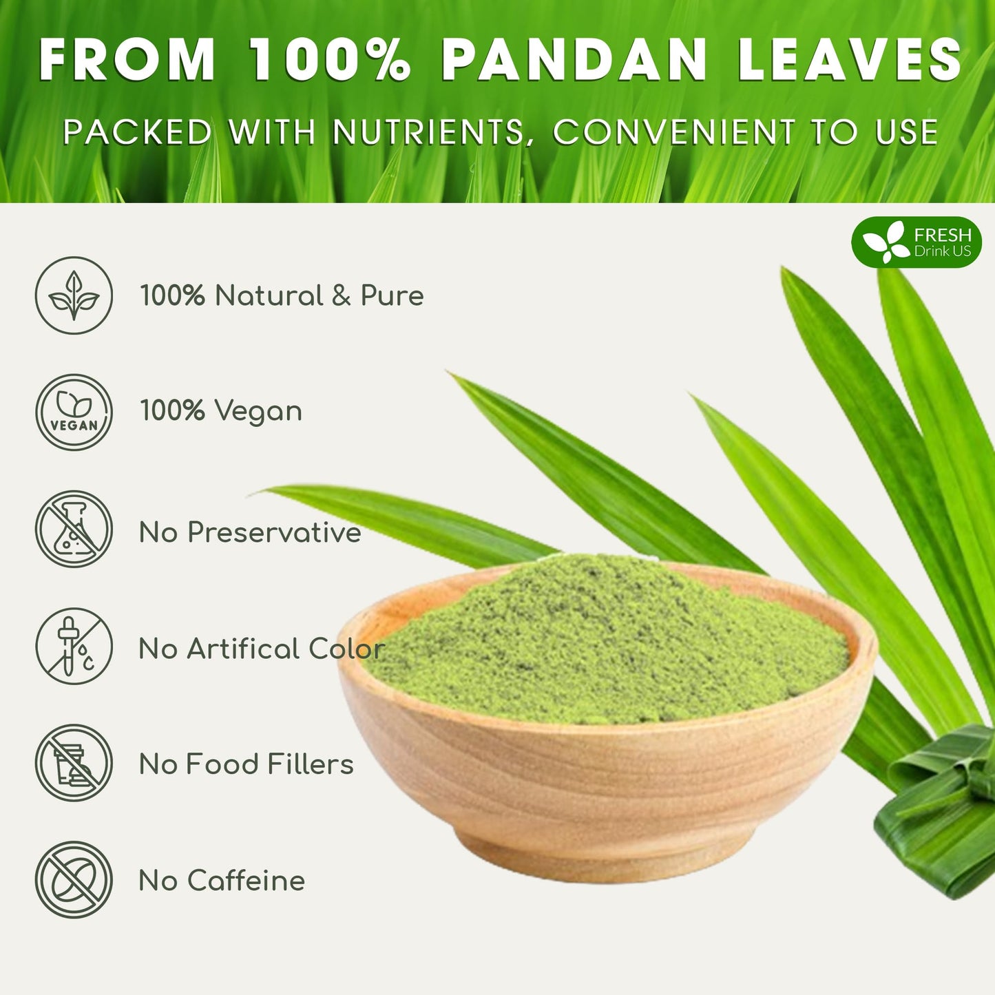 FRESHDRINKUS Premium Pandan Leaf Powder, 100% Natural, 1.3oz, Vegan, No Additives, Green Food Coloring