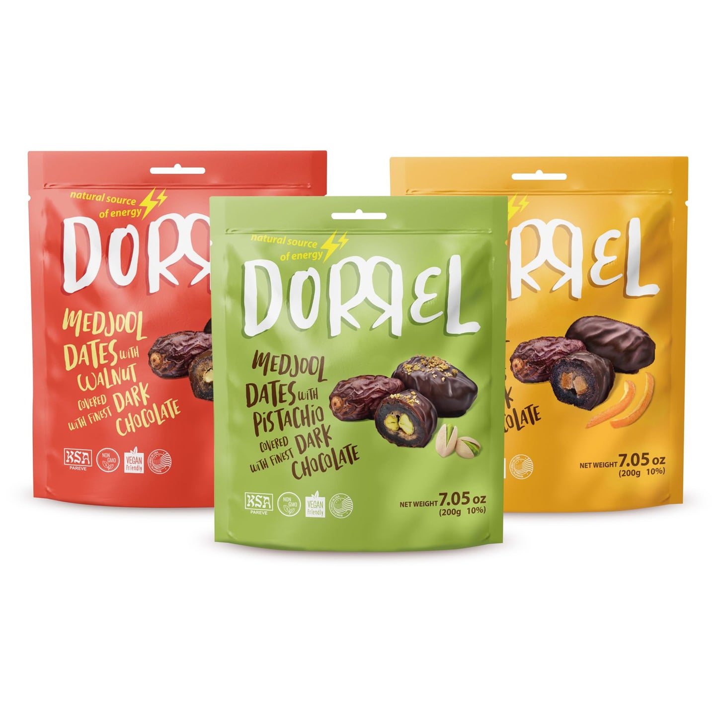 Dorrel - Trio Bundle Pack: Belgian Dark Chocolate Covered Dates (Medjool) With Candied Orange Peels  Pistachio & Walnuts Stuffing  High Energy Vegan Choco Snack  Kosher & Non-Gmo Pack Of 3  7.05 Oz Ea