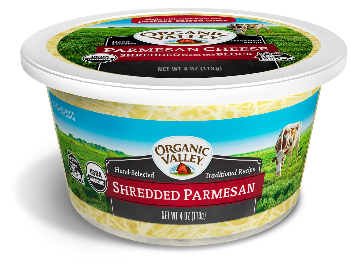 Organic Valley Parmesan Cheese in Tub, Shredded from the Block, Cows Milk, Zero Trans Fat, Non GMO, 4 Ounces (Pack of 12)