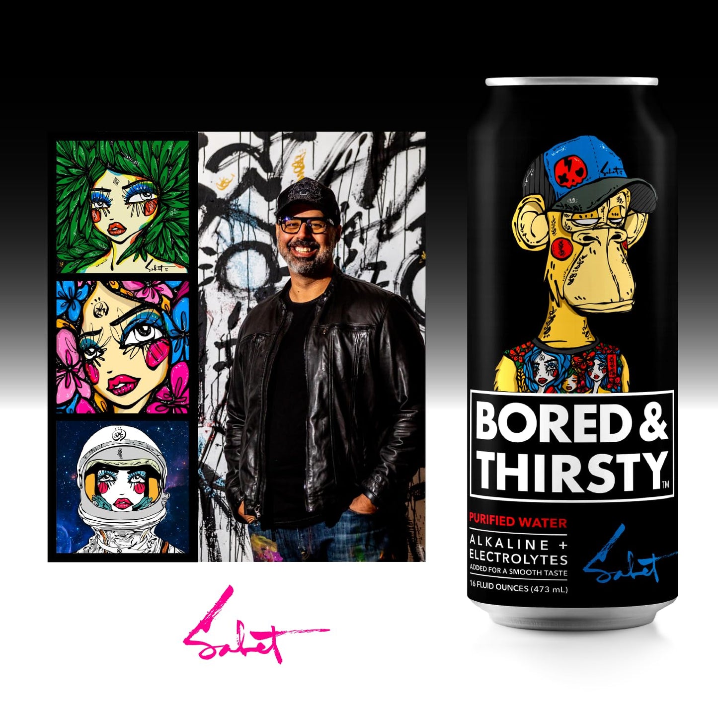 Bored & Thirsty Supreme Water with Electrolytes, 16 Fl Oz, 12 Pack, 100% Recyclable Aluminum Cans, Limited Edition Can Art
