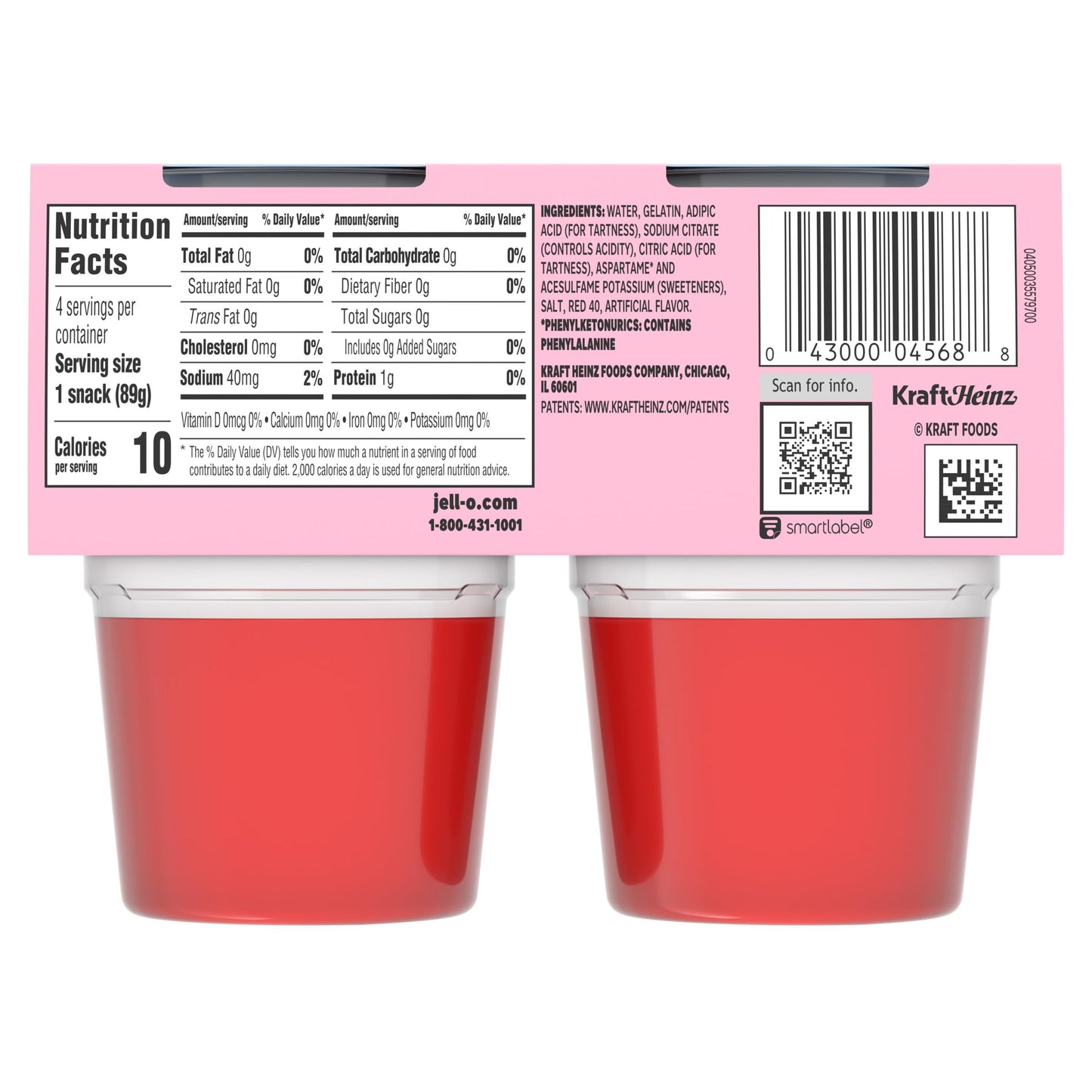 Jell-O Strawberry Artificially Flavored Zero Sugar Ready-to-Eat Gelatin Snack Cups, 4 ct Cups