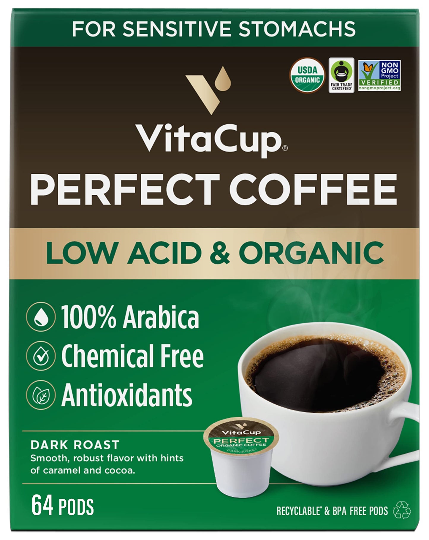 VitaCup Dark Roast Coffee Pods, USDA Organic, Mycotoxin Free, Compatible with Keurig K-Cup, 64 Count