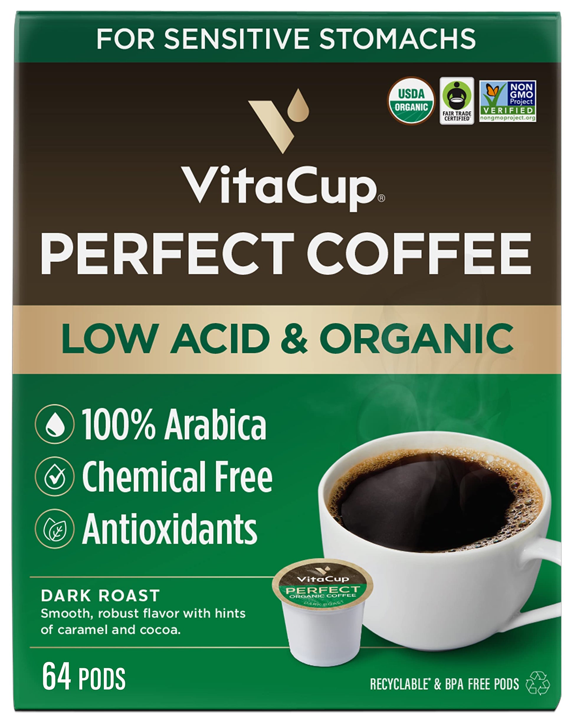 VitaCup Dark Roast Coffee Pods, USDA Organic, Mycotoxin Free, Compatible with Keurig K-Cup, 64 Count