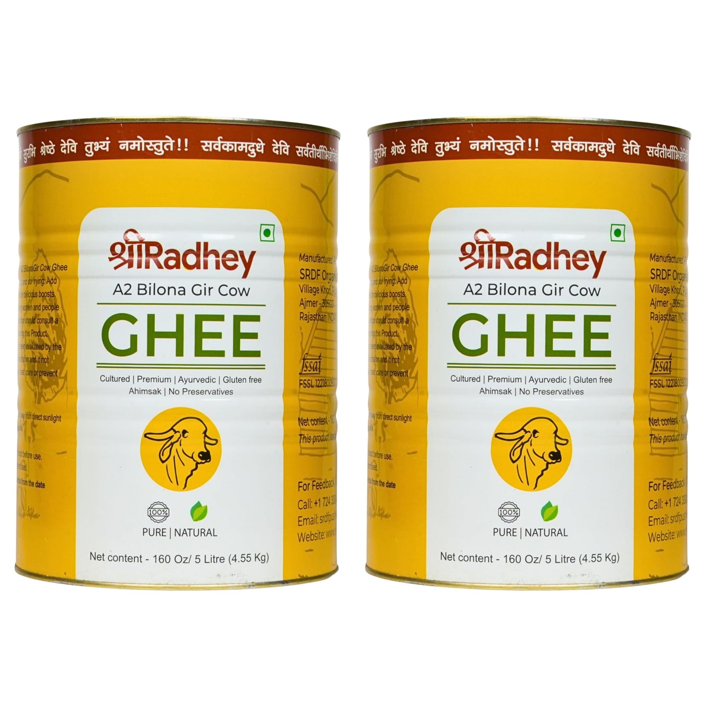 Shree Radhey Certified A2 Gir Cow Ghee - Gluten Free - (Traditionaly Hand Churned) (5L X 2 TIN)