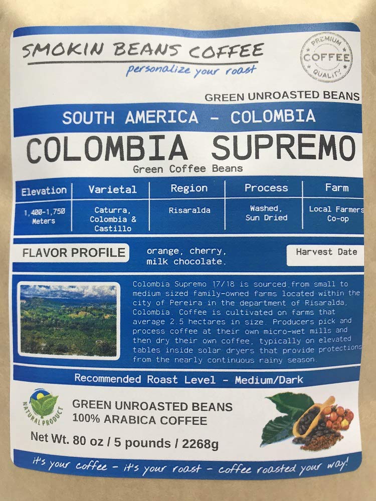 Smokin Beans 5-Pound Colombia Supremo Unroasted Green Arabica Coffee Beans Specialty Grade