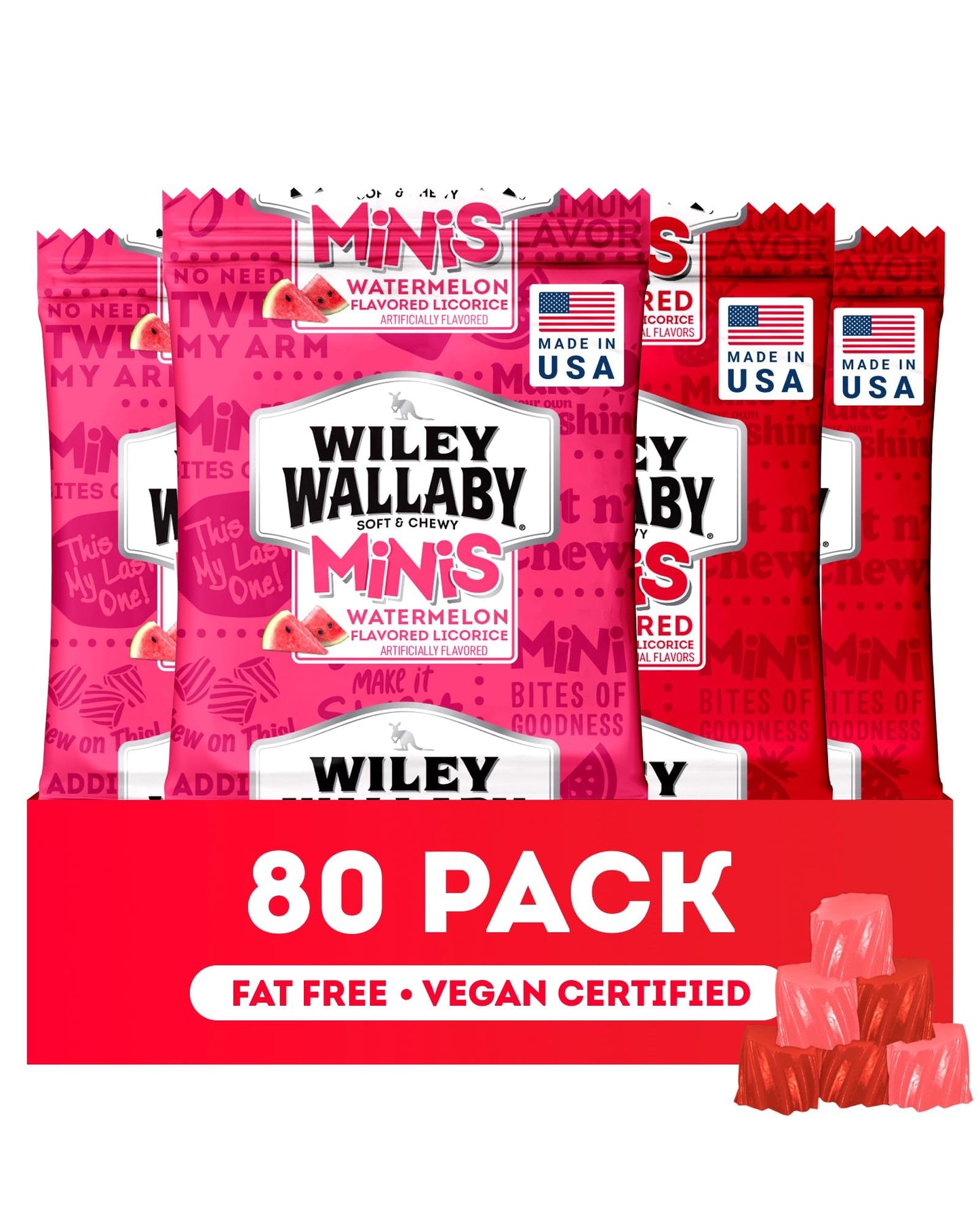 Wiley Wallaby Mini Licorice Bites 0.5 Ounce Classic Gourmet Soft & Chewy Australian Classic Red and Watermelon Licorice Candy Ba