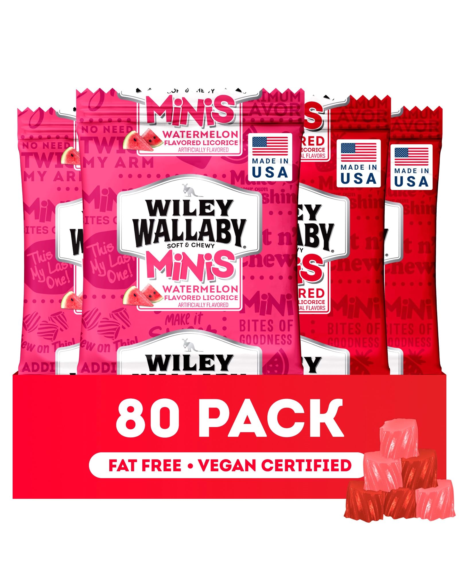 Wiley Wallaby Mini Licorice Bites 0.5 Ounce Classic Gourmet Soft & Chewy Australian Classic Red and Watermelon Licorice Candy Ba