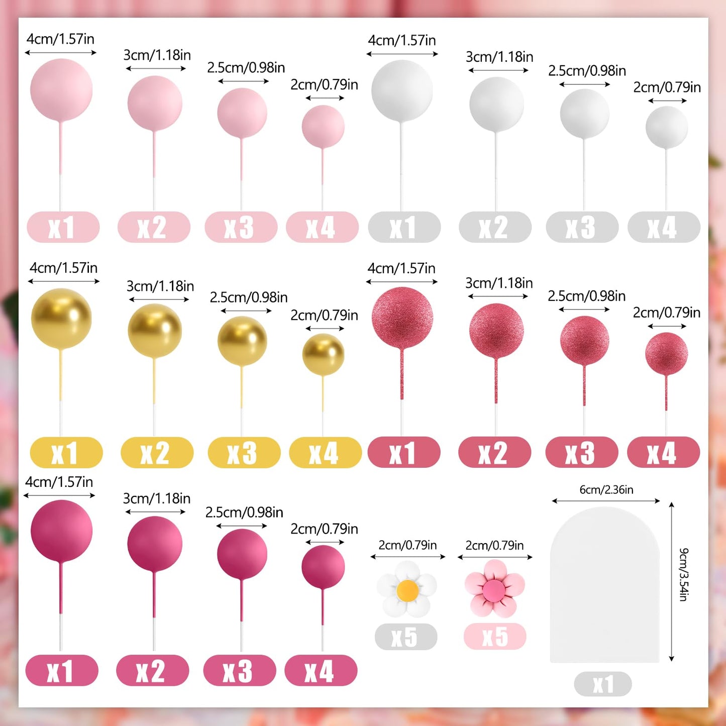 Bouiexye Cake Topper Set - 61 Pcs Boho Mini Balloons & Daisy Flowers, Pink Gold, Retro Design for Birthday, Wedding, Baby Shower