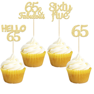 Gyufise 24Pcs Gold Glitter 65Th Birthday Cupcake Toppers Hello 65 Sixty Five Cake Toppers 65 & Fabulous Cupcake Picks For 65Th B