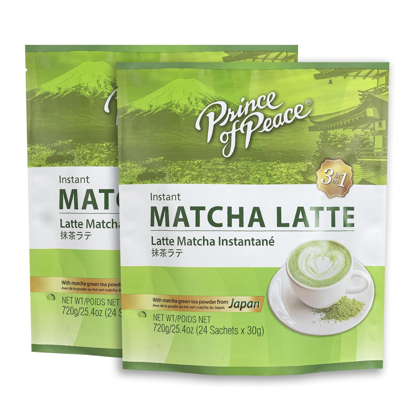 Prince Of Peace 3 In 1 Matcha Latte Instant Beverage  24 Sachets - Pack Of 2 - Made With Matcha Powder From Japan - Instant Hot Or Cold Beverage - Easy To Brew - Rich And Creamy Taste - Just Add Water