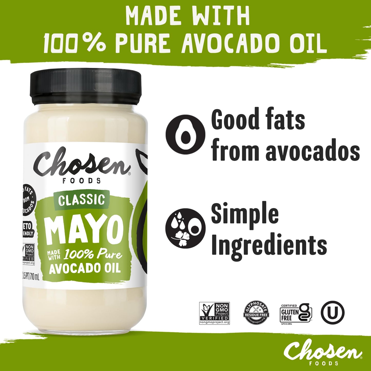 Chosen Foods Avocado Oil-Based Mayonnaise, Gluten & Dairy Free, 24 Fl Oz, Off-white