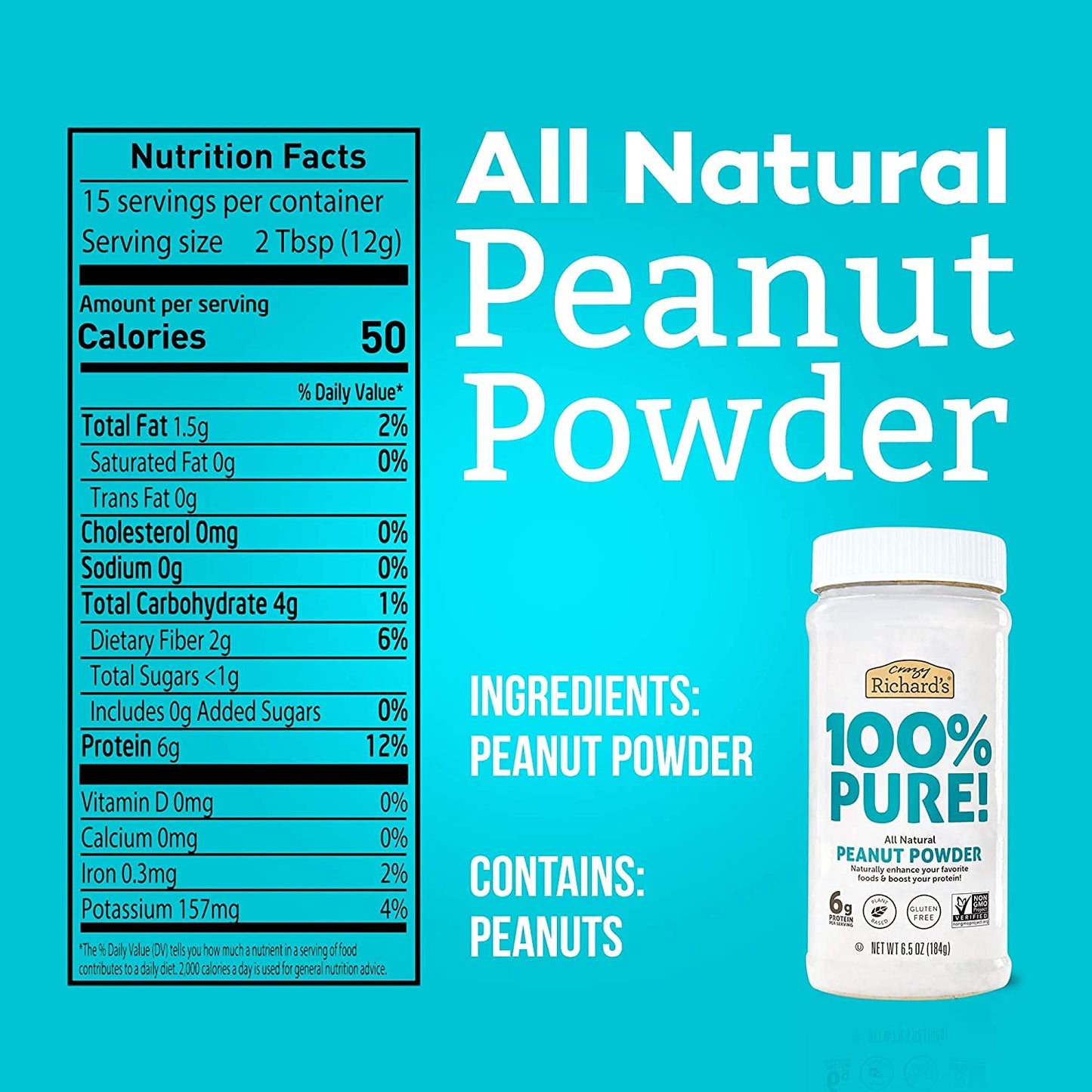 Crazy Richards - 100% All-Natural Peanut Powder, Powdered Peanut Butter, No Sugar Added, Non-GMO, Vegan Resealable Jar Pack of 1