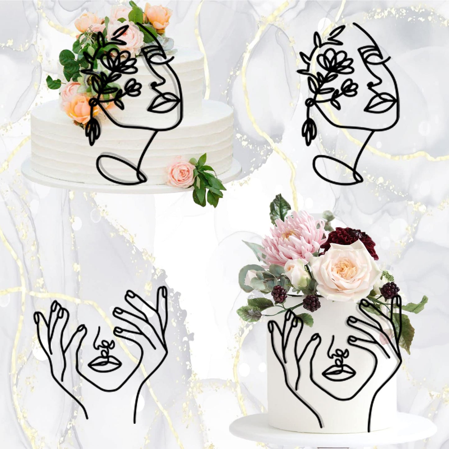 HSDSH Acrylic Cake Topper - 12 Pcs Lady Face Design for Wedding & Birthday Parties - Black, Model HSD-Facecake-12