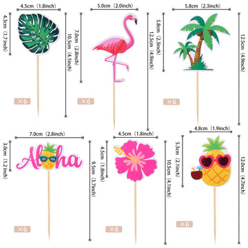 36 Pcs Tropical Aloha Luau Cupcake Toppers Palm Tree Flower Turtle Leaves Flamingo Pineapple Cupcake Picks Summer Hawaiian Tropi