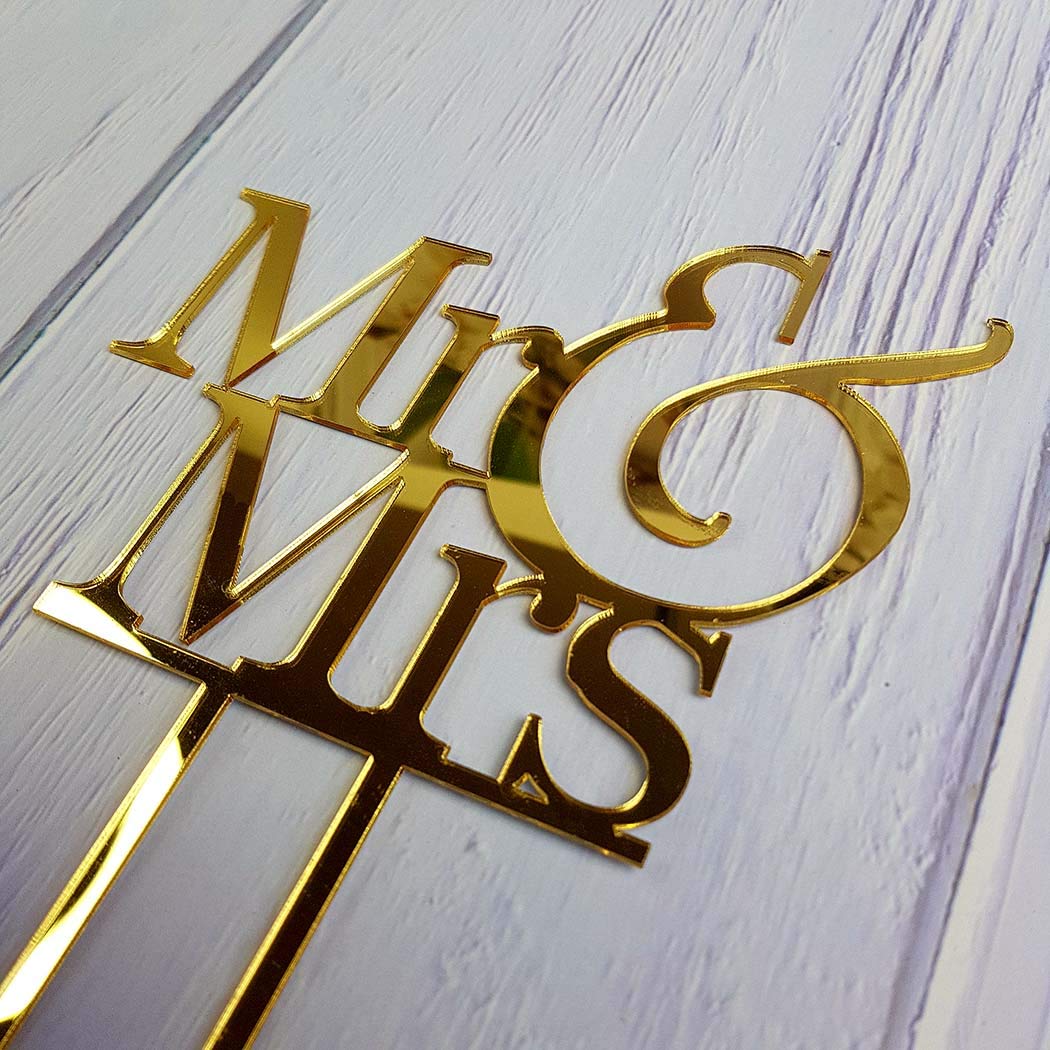 JIEEIN Mr and Mrs Cake Topper, Bride and Groom Sign, Mirror Gold Acrylic, 1 Count, Model NJ-0498