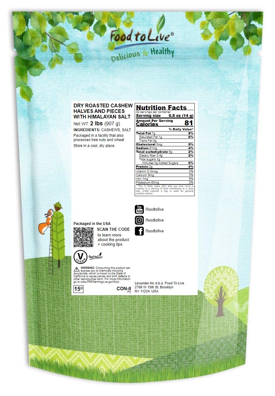 Food to Live Dry Roasted Cashew Pieces, Lightly Salted, Vegan Snack, 2 Pounds