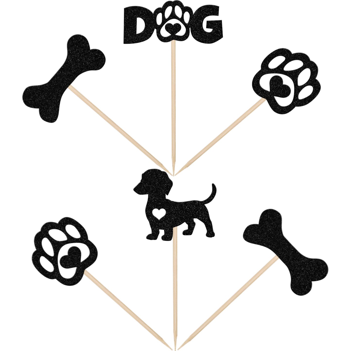 ZHUOWEISM 24 PCS Pet Dog Cupcake Toppers Glitter Bone Paw Picks Small Black Bamboo Decorations