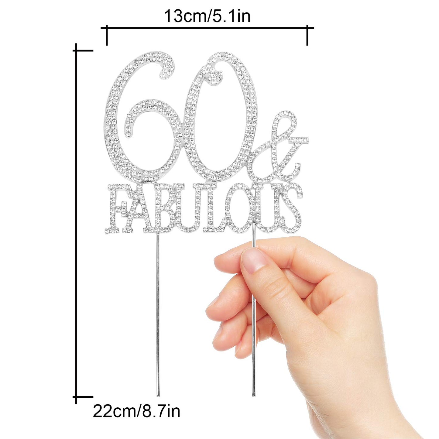 Hatcher Lee Cake Topper 60 & Fabulous, Silver Crystal Rhinestone, 60th Birthday or Anniversary Decoration, Model HCL-026