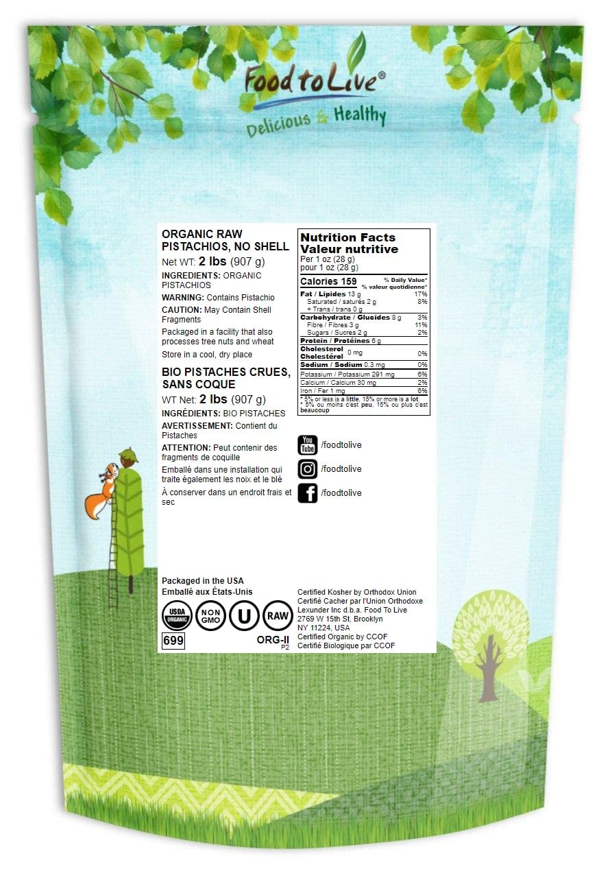 Food to Live - Organic Raw Pistachios, No Shell, 2 Pounds - Non-GMO Unsalted and Unroasted Kernels. Perfect for Snacking and Coo