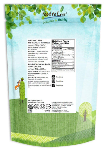 Food to Live - Organic Raw Pistachios, No Shell, 2 Pounds - Non-GMO Unsalted and Unroasted Kernels. Perfect for Snacking and Coo