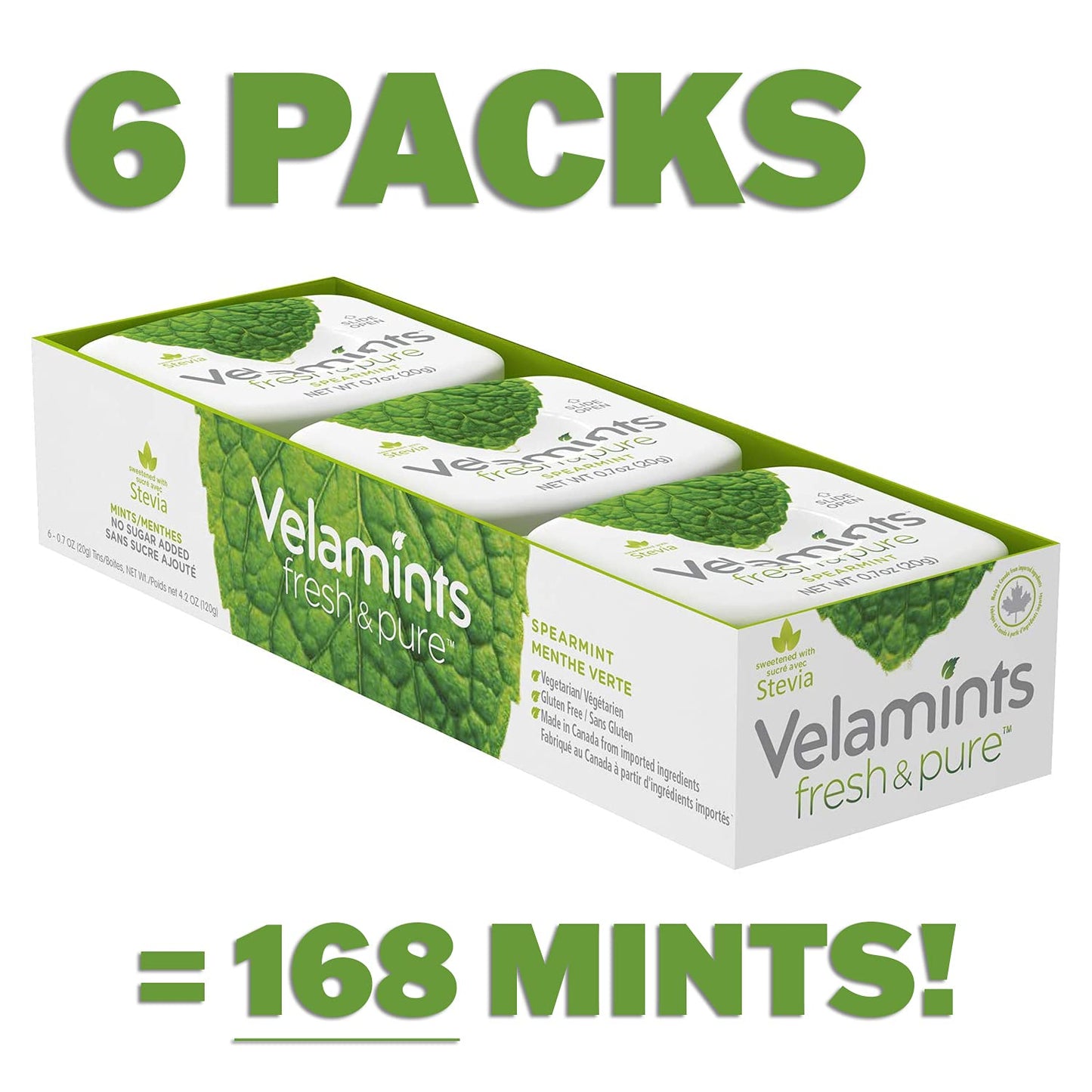 Velamints Sugar Free Mints - Fresh Spearmint, Aspartame-Free, 20g (Pack of 6 Tins)