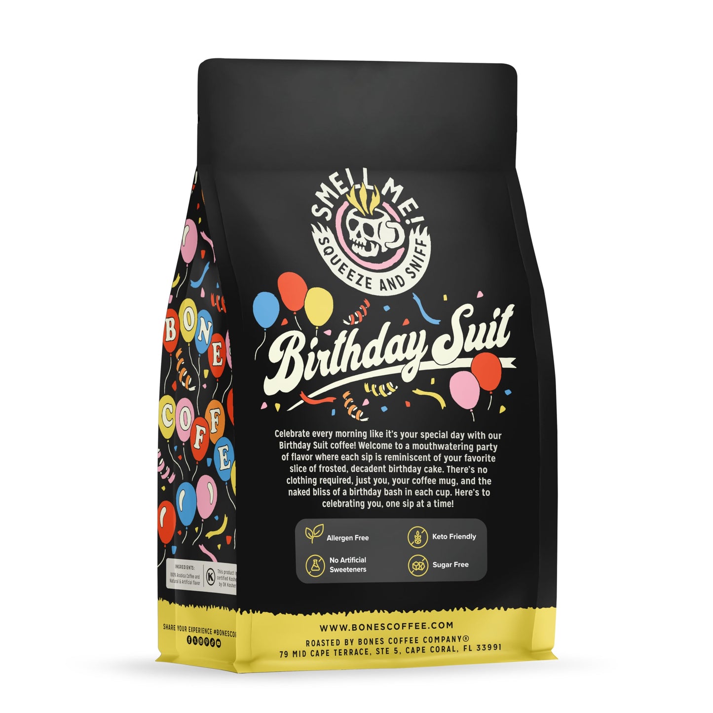 Bones Coffee Company Birthday Suit, Birthday Cake Flavored Coffee, Medium Roast Low Acid Arabica Beans Compatible with Auto drip