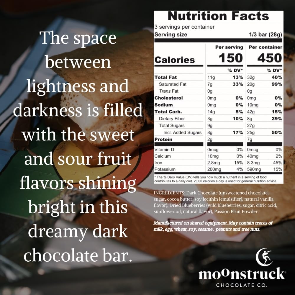 Moonstruck Chocolate Blueberry And Passion Fruit Dark Chocolate Bar, 68% Cacao, 3.0Oz (Pack Of 12)