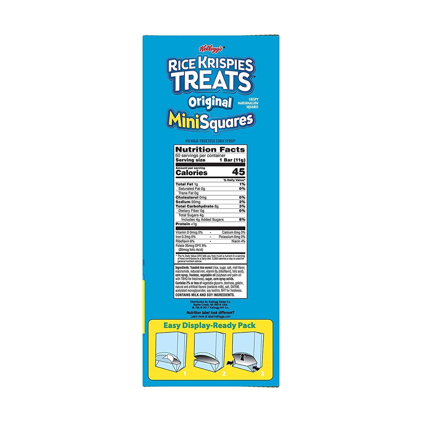 Kelloggs, Rice Krispies Treats Crispy Marshmallow Mini-Squares, Original, Single Serve, Display Box Caddy, 0.39 oz Bars (50 Cou