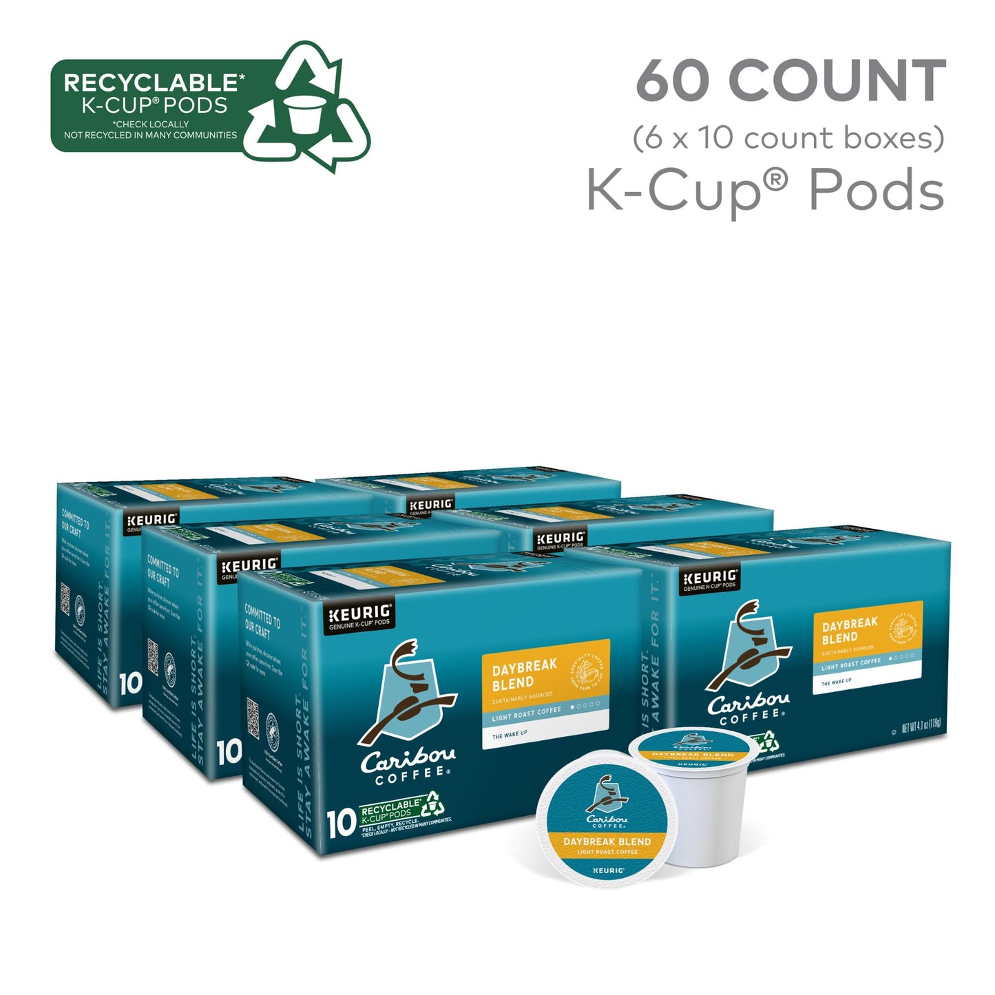 Caribou Coffee Daybreak Blend K-Cup Pods, Light Roast Coffee, 60 Count (Pack of 6), White