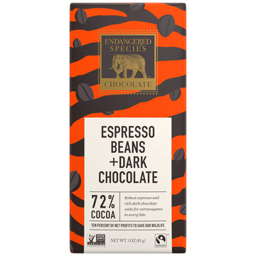 Endangered Species Chocolate Bars | Rich Dark Chocolate Bar | 72% Cocoa With Espresso Beans | Made From Fair Trade Coffee Beans