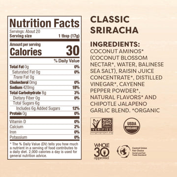 Big Tree Farms Organic Coco Aminos - Liquid Coconut Aminos, Soy-Free Sauce, Low Sodium, Soy Alternative, Gluten Free, Kosher, Marinade & Sauce, Non-Gmo - Classic Sriracha, 10 Fl Oz (Pack Of 1)