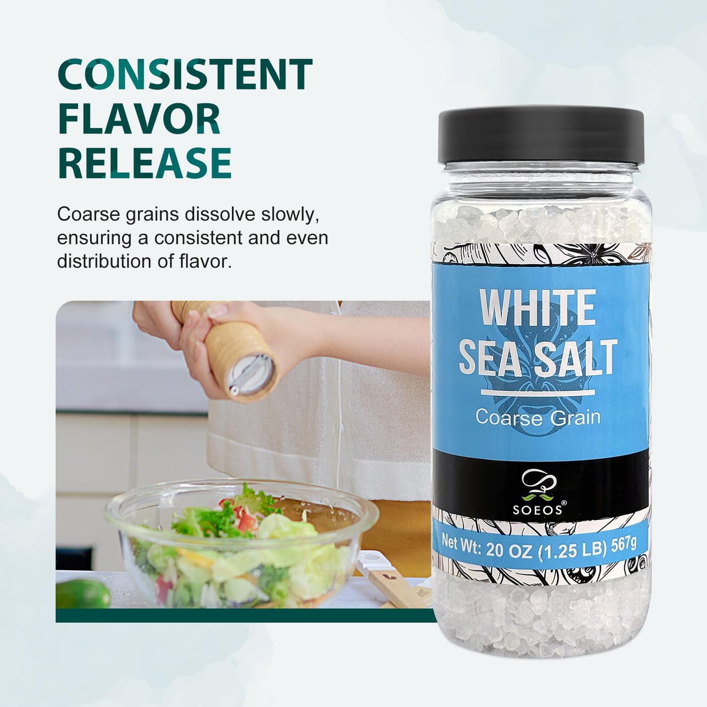 Soeos Sea Salt, Coarse Grain, 20 Oz (1.25 Pound), Non-GMO, Nature Himalayan White Salt, Rock Salt for Grinder Refill (Pack of 1)