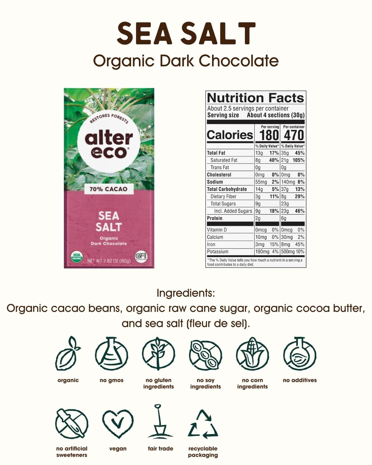 Alter Eco | Dark Chocolate Bars | Pure Dark Cocoa, Fair Trade, Organic, Non-Gmo, Gluten Free (6-Pack Dark Sea Salt)