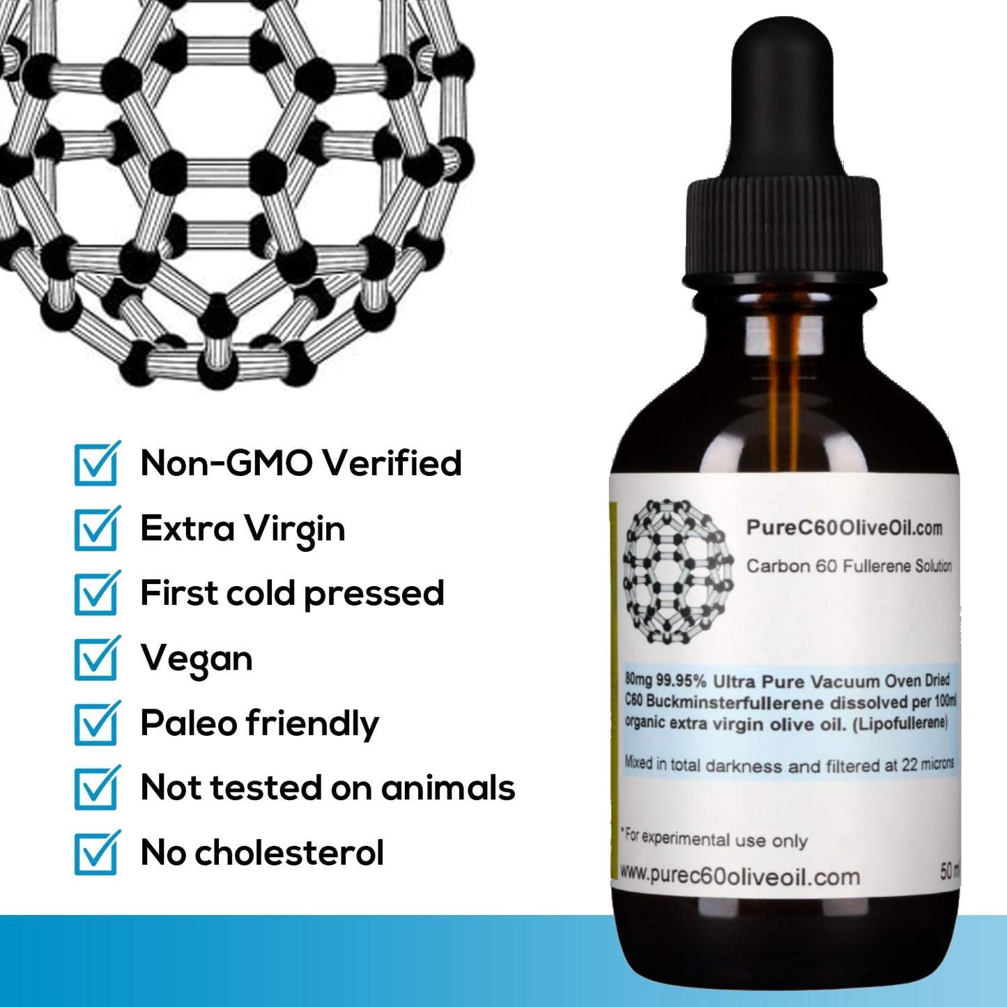 Purec60Oliveoil C60 Olive Oil 50Ml / 1.7 Fl Oz - 99.95% Carbon 60 Solvent Free 40Mg - Amber Glass Bottle - Food Grade - Carbon 6