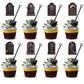 PEUTIER 32pcs Halloween Cupcake Toppers with Spoons - Tombstone Design, Black, Paper/Bamboo/Plastic, Model 01175