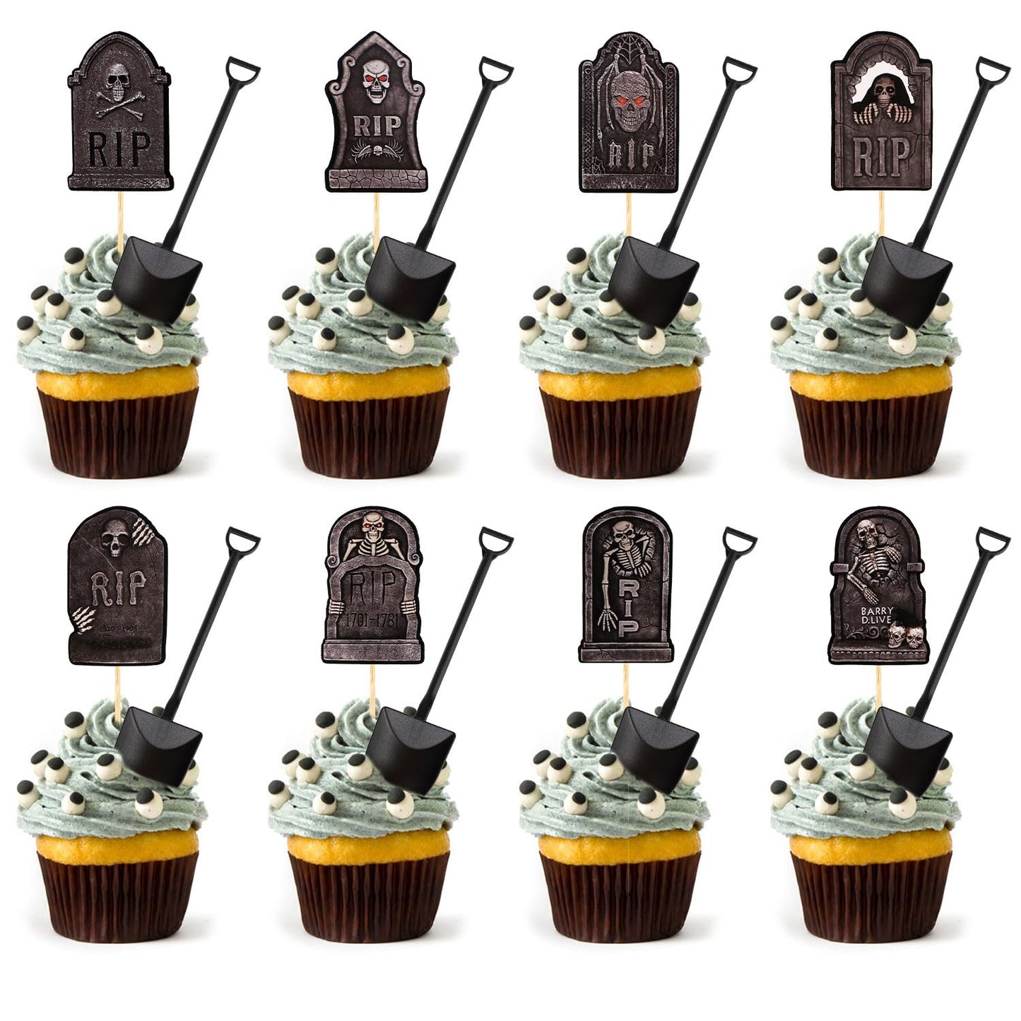 PEUTIER 32pcs Halloween Cupcake Toppers with Spoons - Tombstone Design, Black, Paper/Bamboo/Plastic, Model 01175